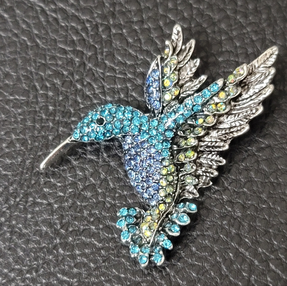 Elegant Silver and Blue Hummingbird Brooch
